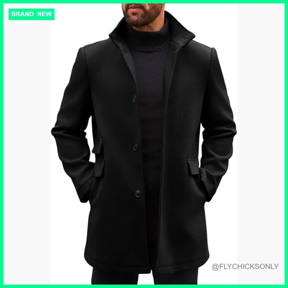 Polyester Pea Coat Slim Fit Trench Overcoat with Pockets